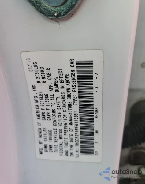 2015 Honda Accord Sport z USA, uszkodzony, nr VIN 1HGCR2F59FA115881